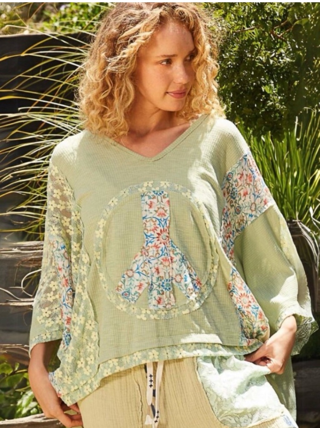 Pol Boho Peace Sign Floral Lace Boho Top